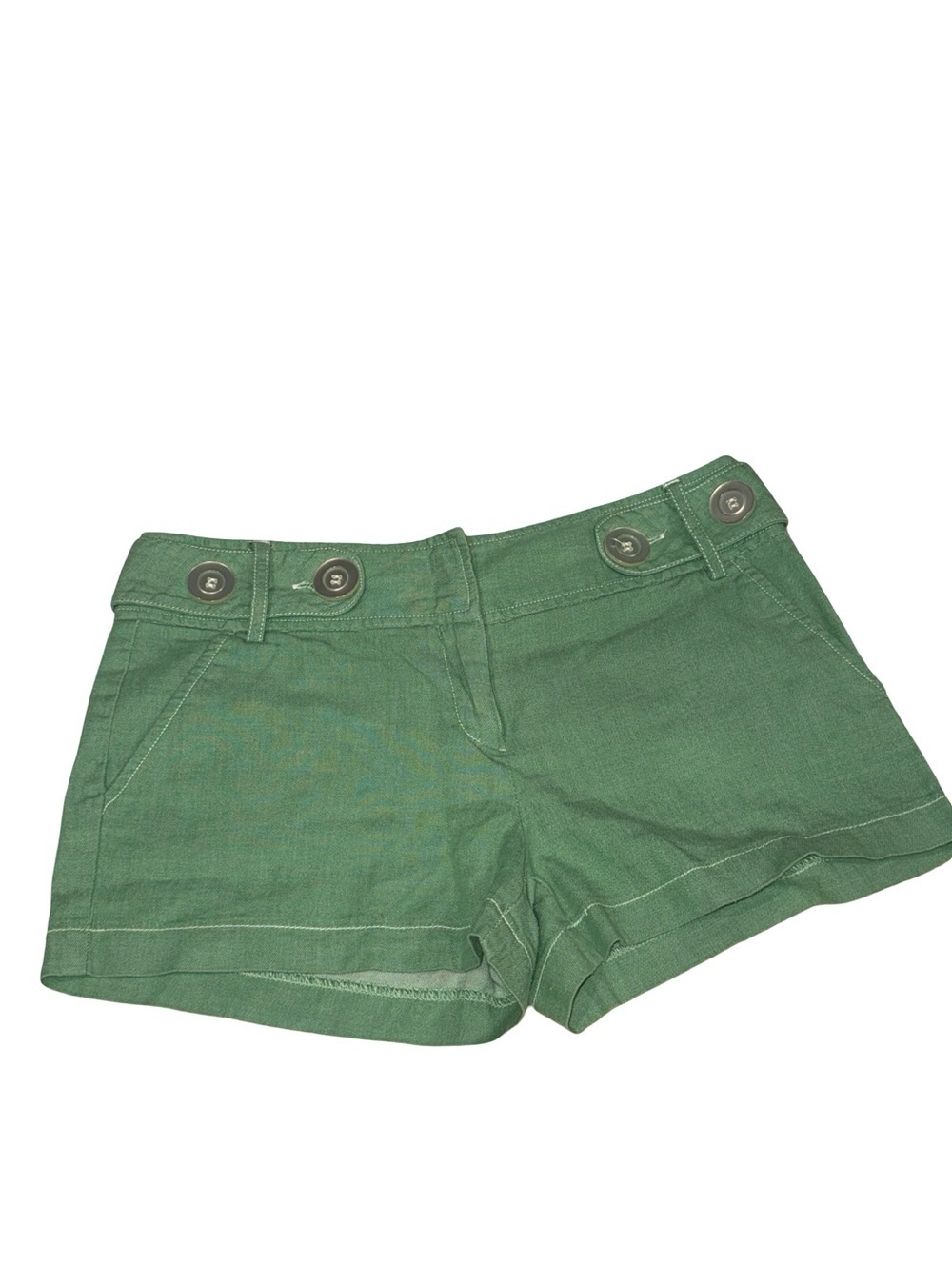 Y2K Low Rise Green Mini Shorts Cotton Spandex Button Tab Waist Size 9